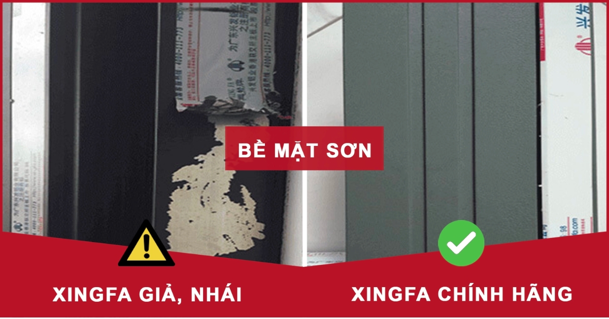 Hình ảnh bề mặt sơn: XINGFA giả nhái trên (bên trái) và XingFa Chính hãng (bên phải).