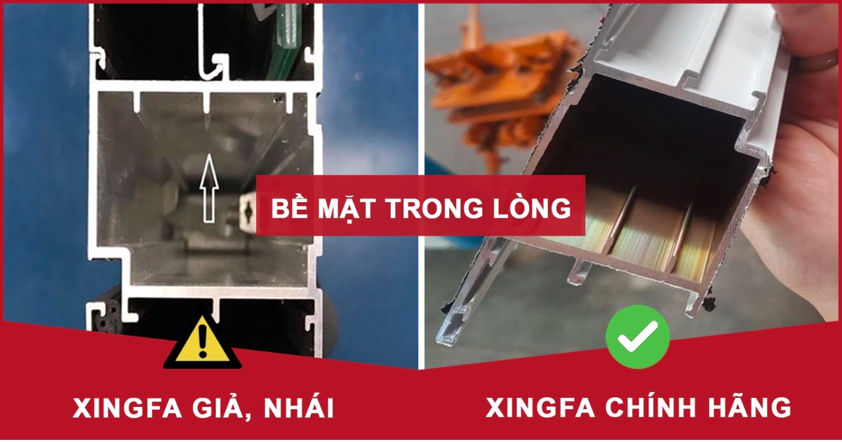 Hình ảnh bên trong thanh nhôm: Xingfa giả nhái (bên trái) có mầu trắng sám, XingFa nhập khẩu chính hãng (bên phải) có mầu ánh đồng “bẩy sắc cầu vồng”.