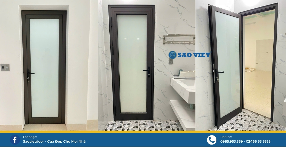 Cửa đi WC nhà tắm mở quay 1 cánh nhôm Xingfa( sử dụng kính mờ phun sữa).