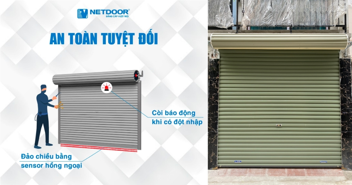 Cửa tấm liền NETDOOR tích hợp nhiều tính năng an toàn như đảo chiều khi gặp vật cản, còi báo động...